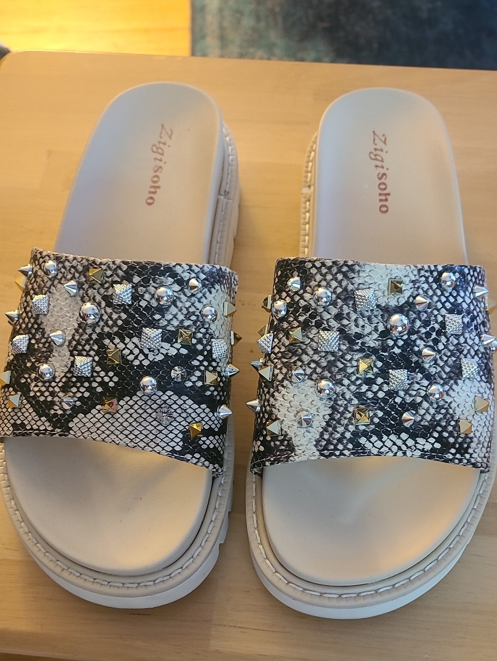 Zigi Soho Black and White Snake-Print Stud Slide Sandals